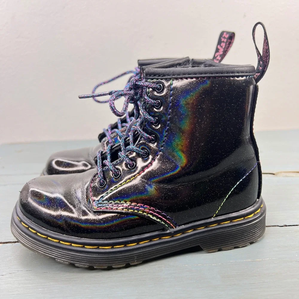 Dr. Martens 1460 T Kids Black Cosmic Glitter Rainbow Boots Size 10 US 9 UK